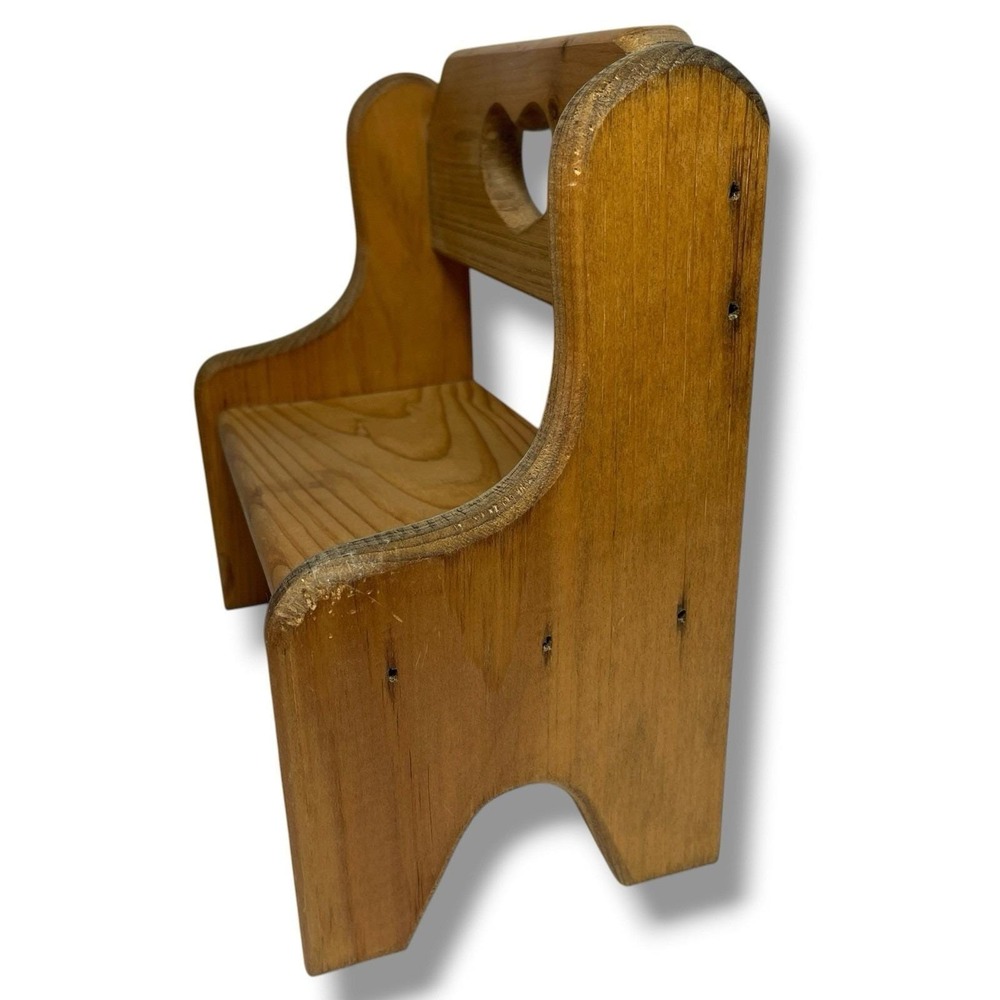VTG Rustic Wooden Doll Bench Heart Cutout Country Folk Art Plant Stand Display - Picture 5 of 9